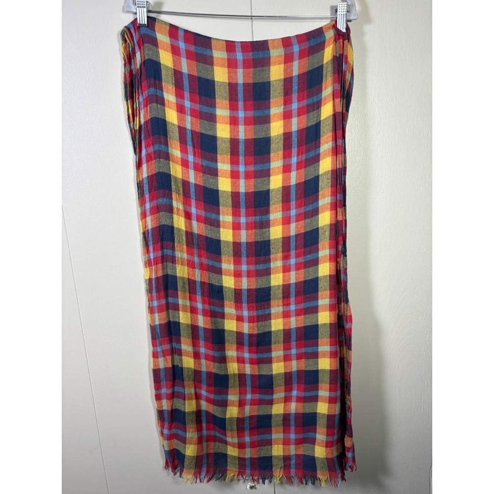 Multicolor Plaid Rectangular Scarf Shawl Red Yellow Blue Fringed 25x72 Preppy